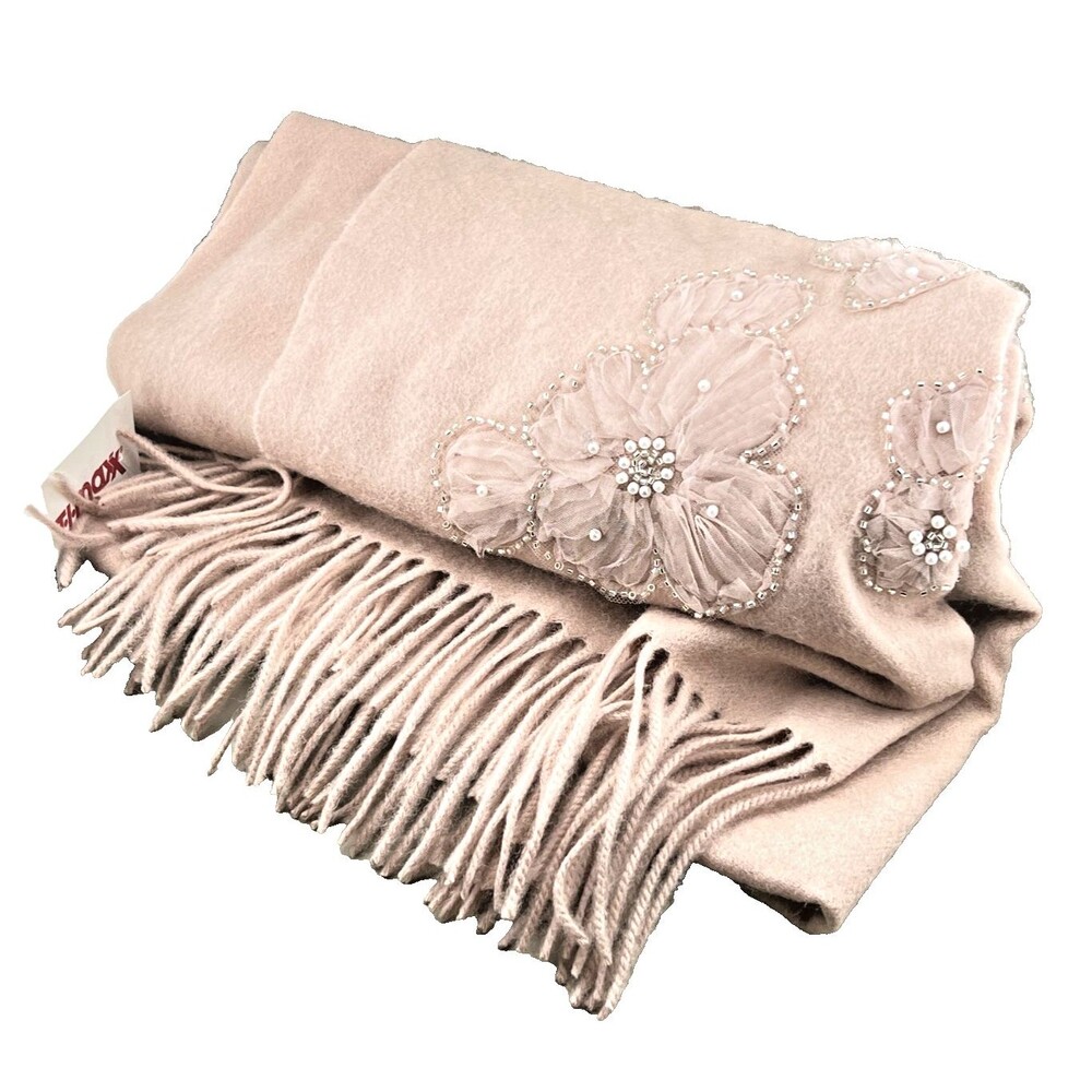 New JOIE Scarf Wrap 100% Wool Blush Pink Beaded Floral Sequin Fringe Soft Winter